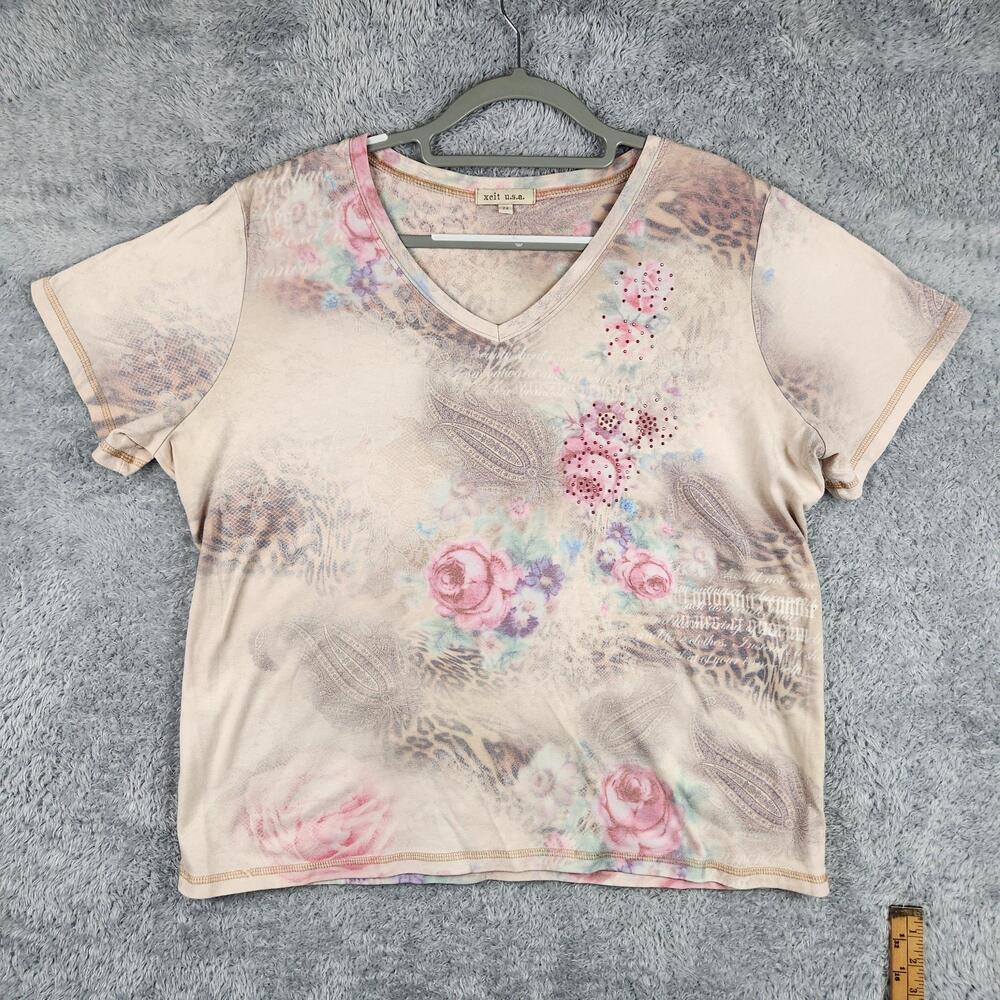 Vintage Xcit Usa Shirt Womens 2X Pink Floral Rhinestone V Neck Fairy Boho Floral
